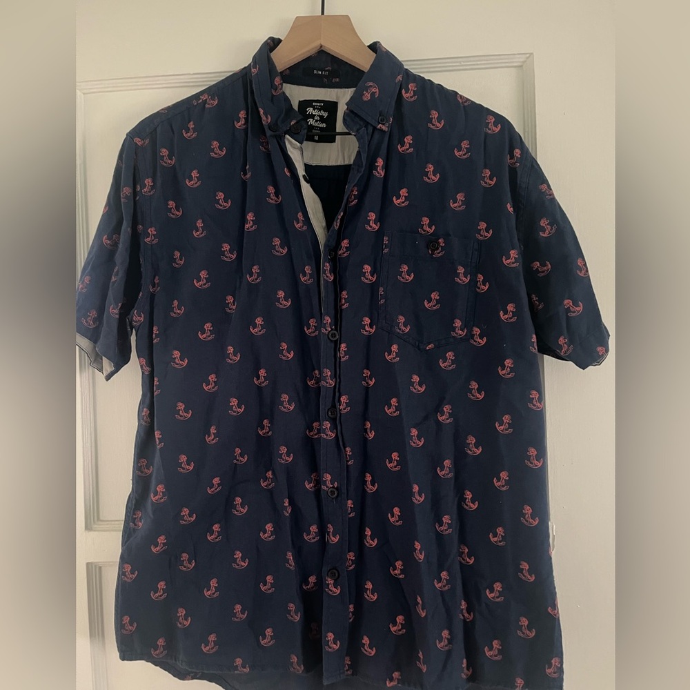 Navy Blue Men's Shirt with coral anchors Print